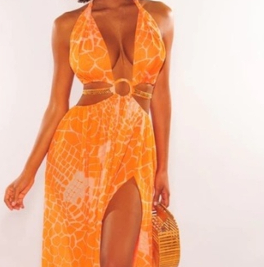 Vibrant Orange Halter Luxxe Maxi Cut - Out Dress With Side Slits (LG Petite) - Picture 4 of 11